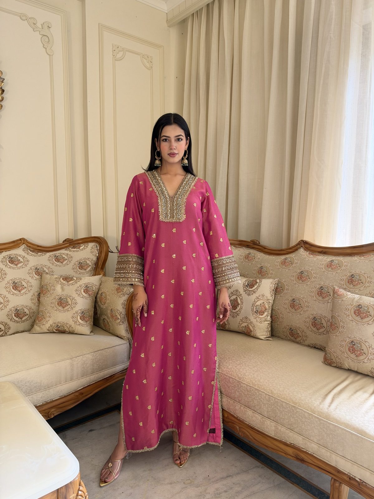 Hand-Embroidered Shimmer Tissue Kaftan - Hot Pink